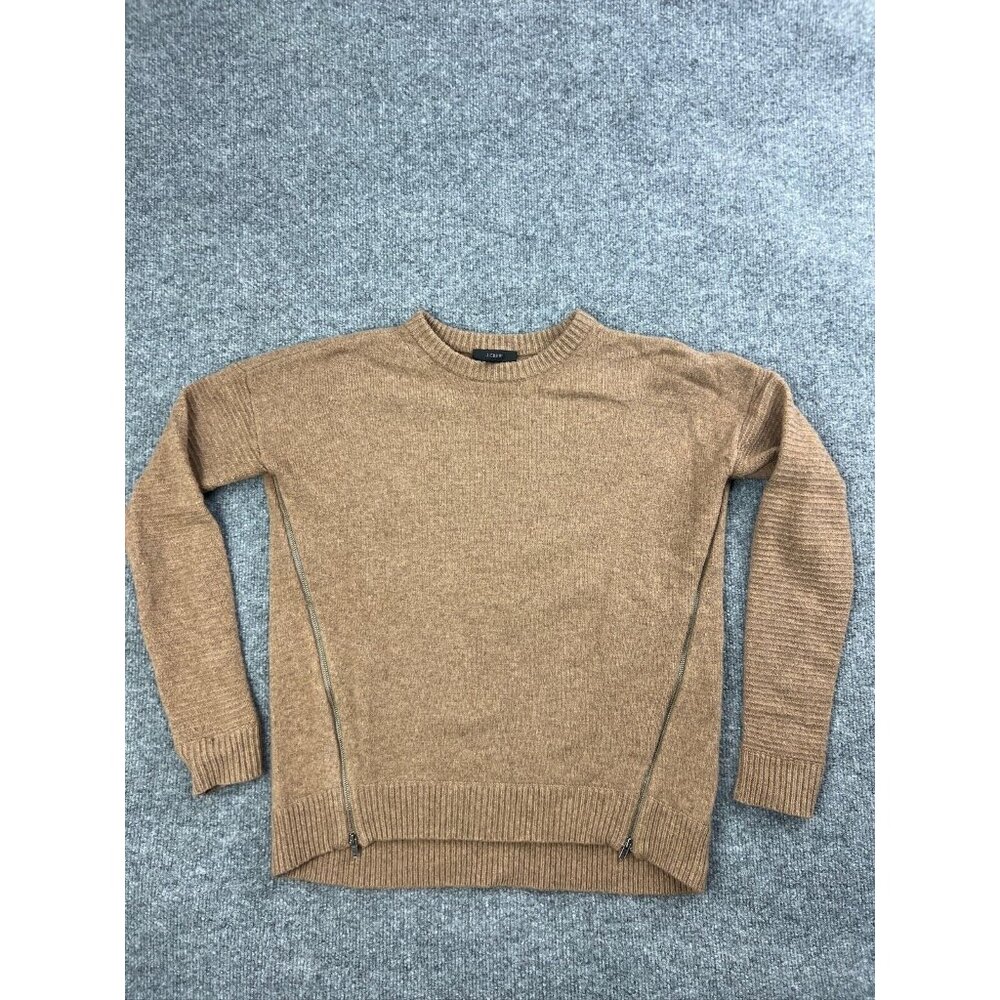 J.CREW Pullover Sweater Women's XXS Brown Knit Side Zippers Crew Neck Wool Blend